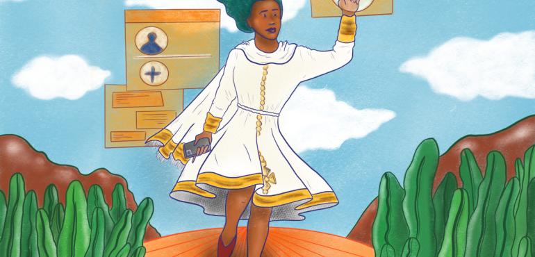 Making a Feminist Internet: Africa Black woman wolking with digital elements around.