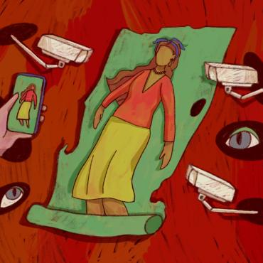 A woman lying on a green blanket surrounded by a red background with holes from which surveillance cameras, eyes, and a hand with a cell phone taking a photo emerge.