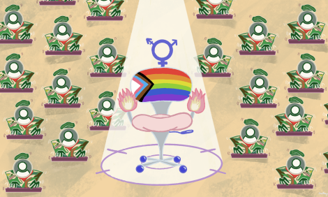 Una silla con diferentes LGBTQI+ en medio de un foco y en medio de la ilustración rodeada de usuarios escribiendo en un teclado