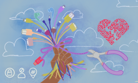 Una mano sosteniendo un ramo de cables de colores con un moño morado con un fondo azul y contornos de nubes blancas al igual que una pinza morada y un corazón con un código QR.