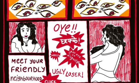 Dibujo de una captura de pantalla de un sitio web con diversos textos como "conoce a tu vecino ladyboy" o "haz click aqui para mandar odio" al igual que dibujos de ojos y una persona