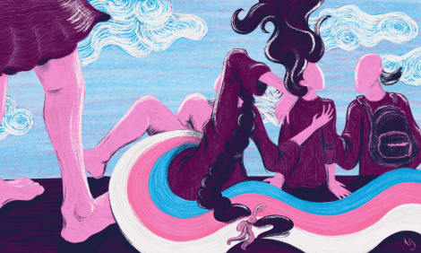 An illustration showing several figures with pink and purple tones. Some figures are sitting or walking away, with one having long flowing hair and another wearing a backpack. We see their backs. One figure has a long braid intertwined with the transgender flag (blue, pink, and white) that flows across the bottom of the image. The background features abstract swirling clouds in a light blue sky, evoking a sense of movement and emotion, symbolizing themes of departure, grief, and solidarity.