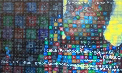 Image description: Visible outline of person against wall of apps Image description: Visible outline of person against wall of apps