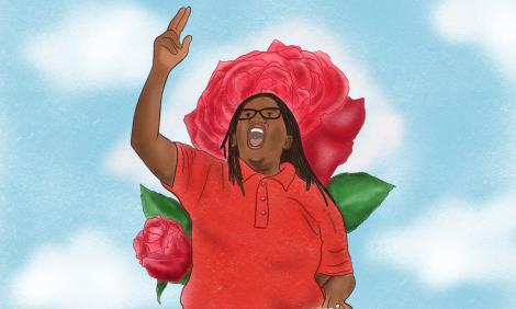 Stella Nyanzi rising her hand, with roses at her back.