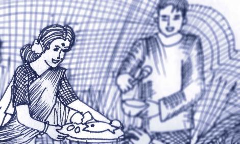 Image illustration: drawing of a woman in a sari serving a dish with fish on it 