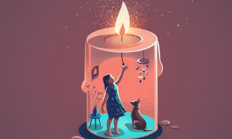 ilustración de una mujer confinada en una vela encendida