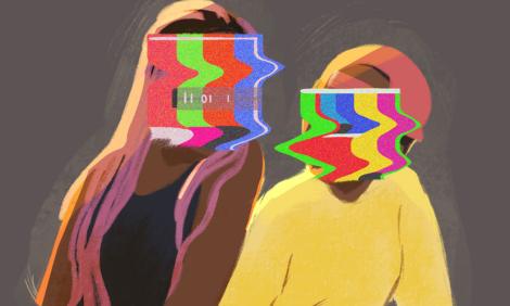 Image description: Illustration of two people sitting with faces blurred