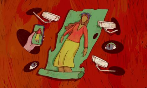  A woman lying on a green blanket surrounded by a red background with holes from which surveillance cameras, eyes, and a hand with a cell phone taking a photo emerge.