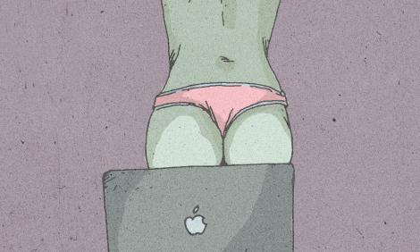 Escena de sexting: mujer de espaldas frente a una computadora