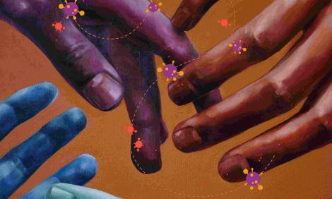 Image description: Painting of different colour hands touching
