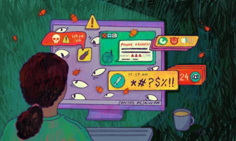  Woman at desk looking at computer screen with messages, emojis, and bugs popping out of it. Messages such as phone hacked, insults and HA HA HA.