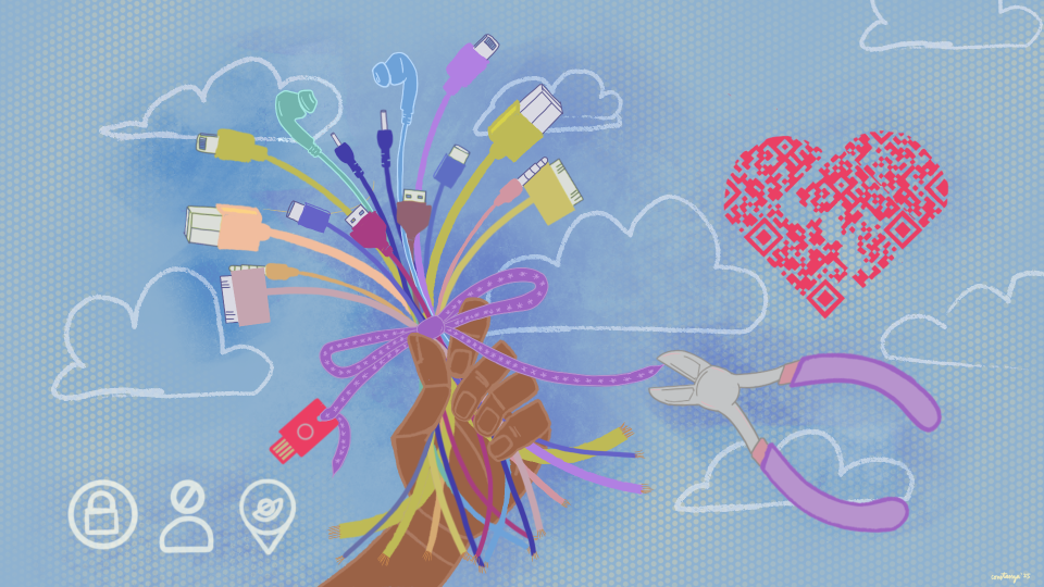 Una mano sosteniendo un ramo de cables de colores con un moño morado con un fondo azul y contornos de nubes blancas al igual que una pinza morada y un corazón con un código QR.