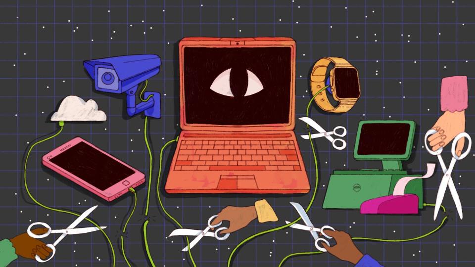 Images of many surveillance devices like video cameras, computers, and cell phones whose connections are being physically cut by hands of all colours and sizes with scissors, suggesting the cutting off of watching by electronic means and cutting off stalkers' access to the people they aim to harass.