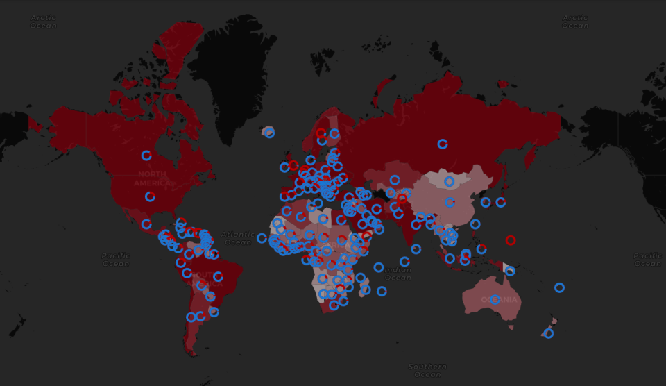 Mapa del mundo de distribución del coronavirus