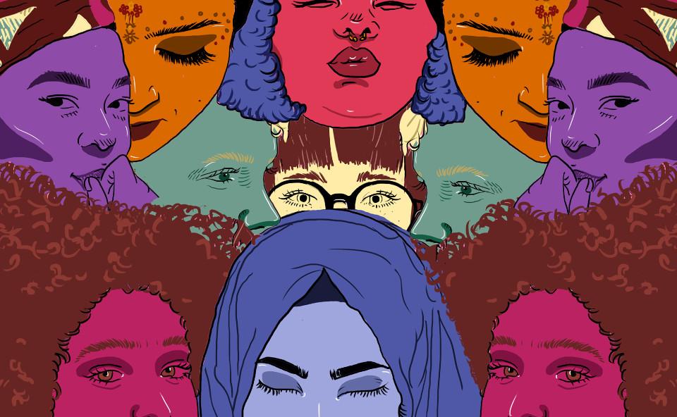 Illustration with colored faces of women from different origins