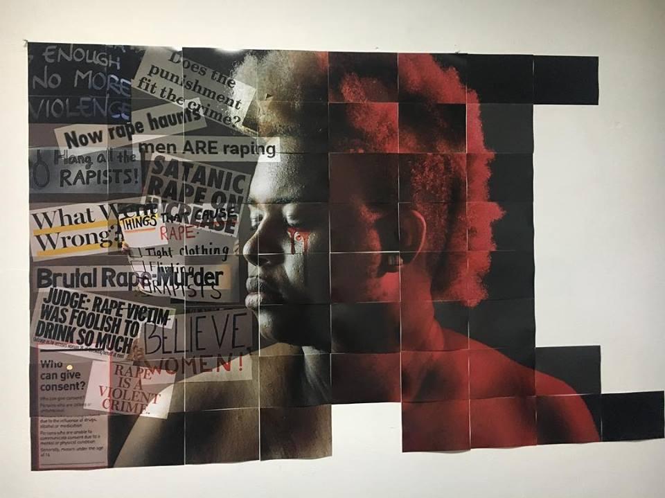 Image description: Woman with collage of newspaper headlines about rape in Ghana