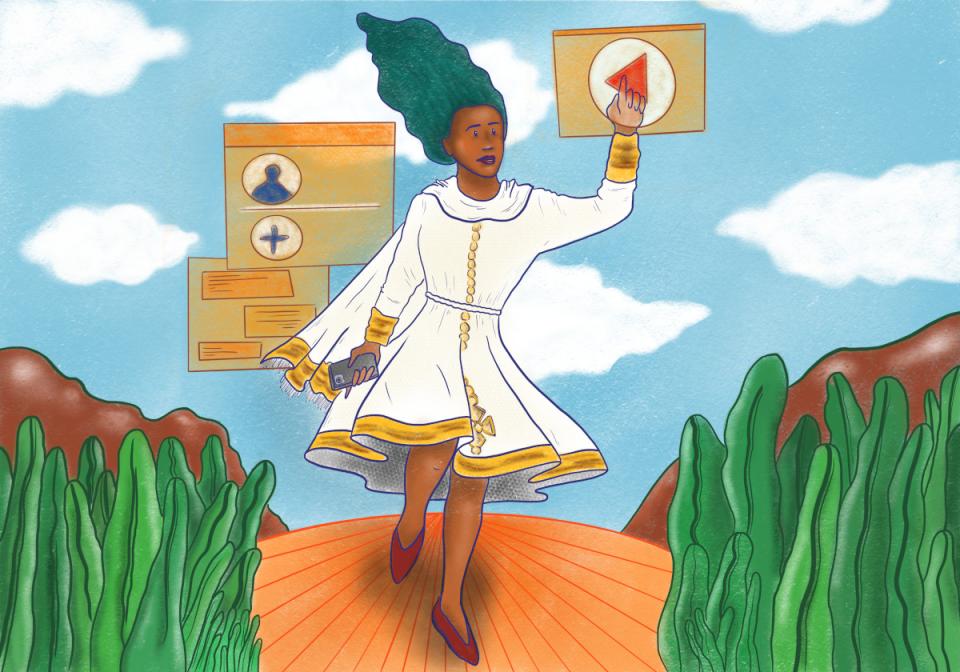 Making a Feminist Internet: Africa Black woman wolking with digital elements around.