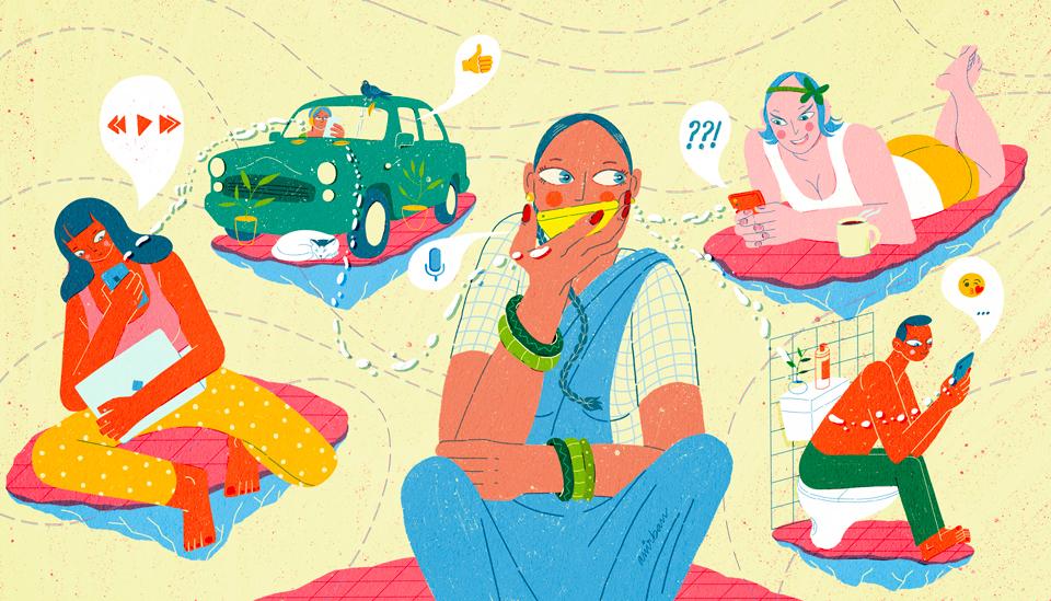 Image description: Drawings of people using their devices