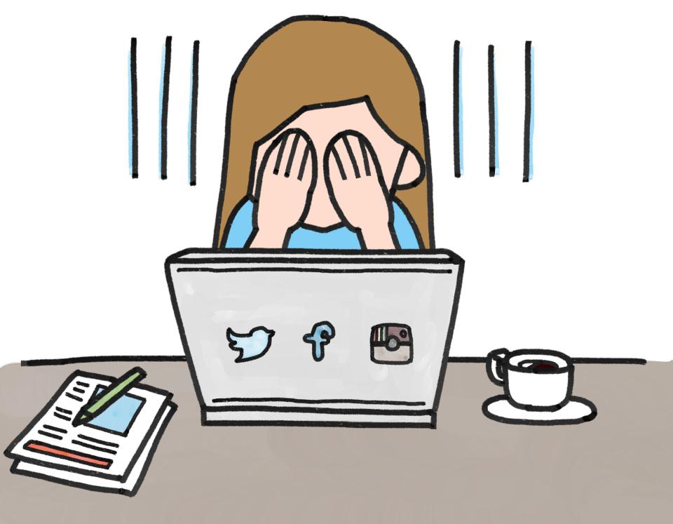 Image description: Comic of woman covering her eyes in front of computer