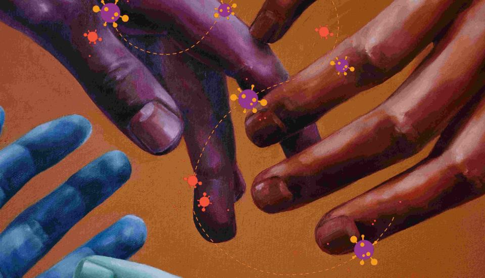Image description: Painting of different colour hands touching